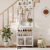 Armoire-penderie Garvee Hall Tree avec portes, blanche, 185 cm - 7 crochets et étagère à chaussures pour couloir, chambre, entrée - MDF et métal - Pieds anti-basculement et réglables