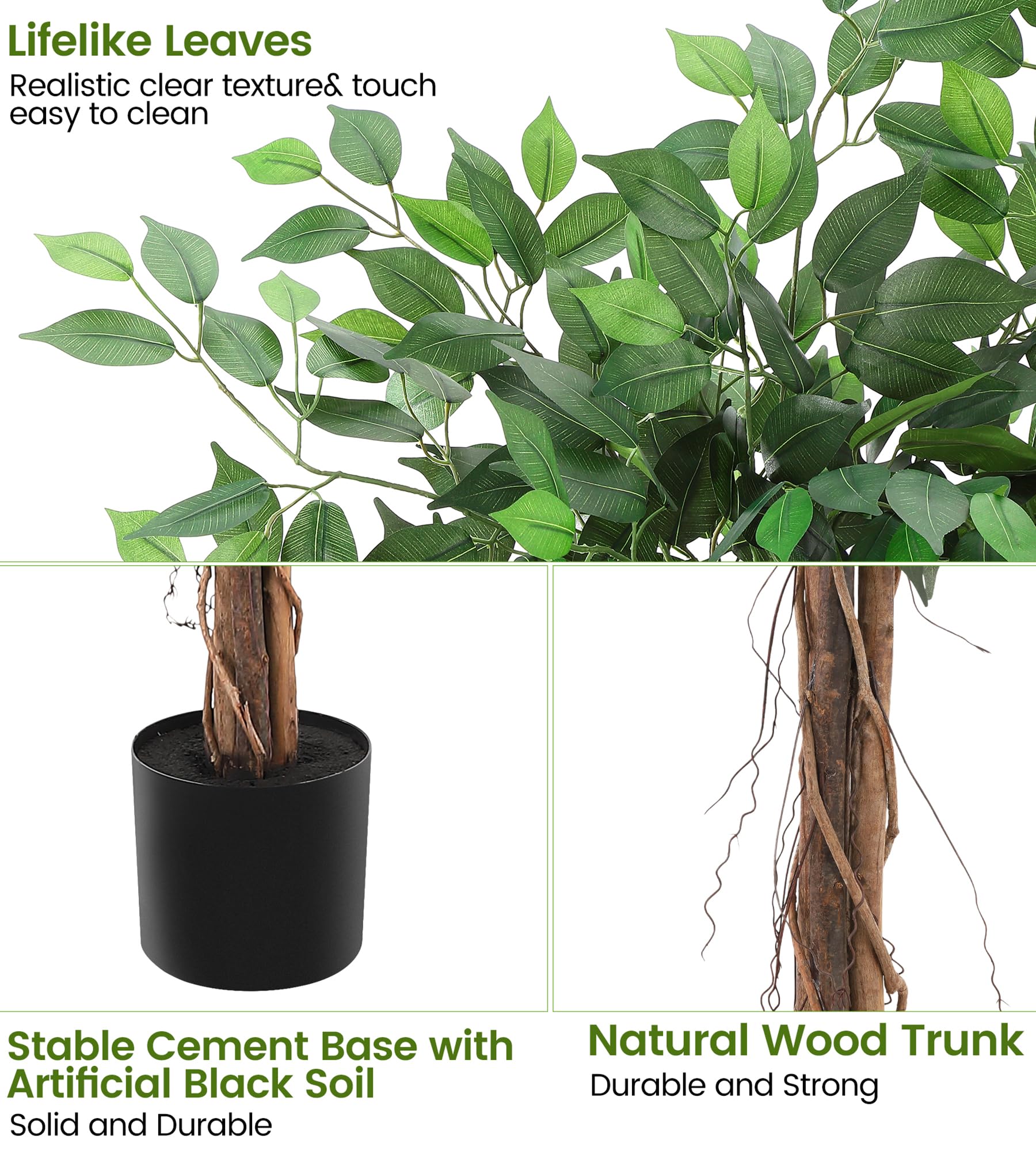 Ficus artificiel Garvee de 183 cm (6 pi) avec tronc en bois naturel et ajustable, en polyester, pot en plastique robuste, idéal pour la décoration du bureau et du salon. Couleur : vert.