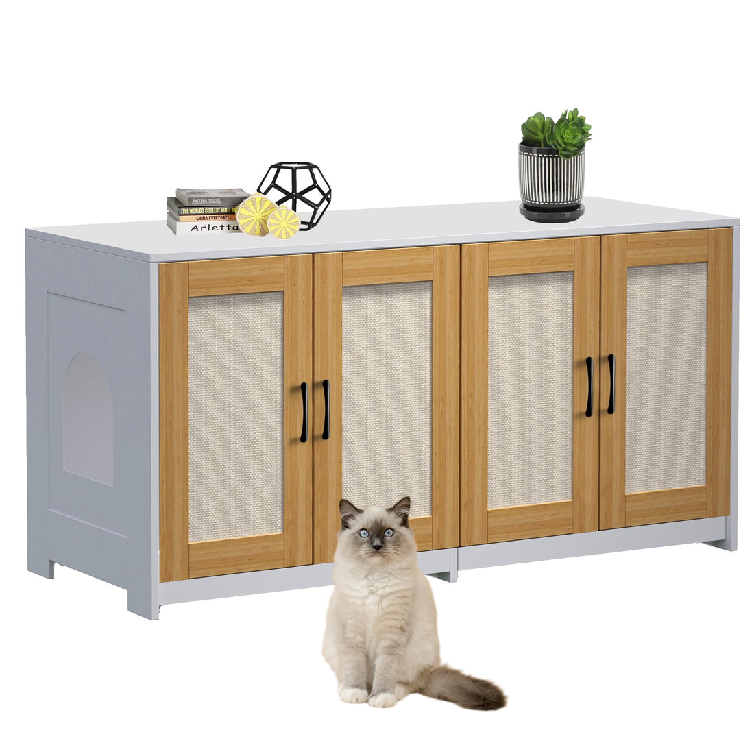 Enclos double pour litière Garvee avec portes en sisal pour 2 chats, 120 cm, blanc, meuble TV pour chat d'intérieur