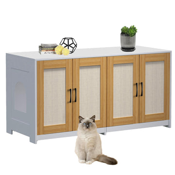 Enclos double pour litière Garvee avec portes en sisal pour 2 chats, 120 cm, blanc, meuble TV pour chat d'intérieur
