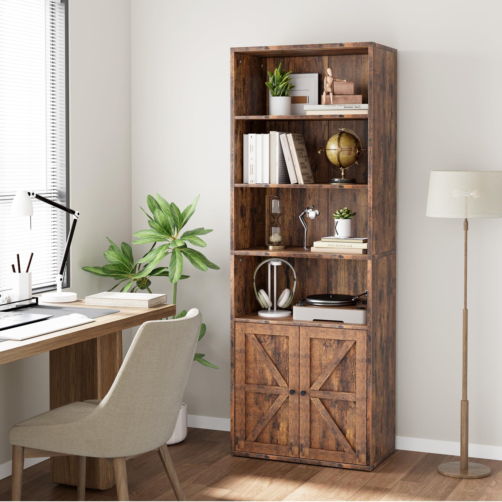 Garvee bibliothèque avec portes, style industriel, 6 étagères, profondeur 30 cm, style ferme en bois, salon, bureau, brune