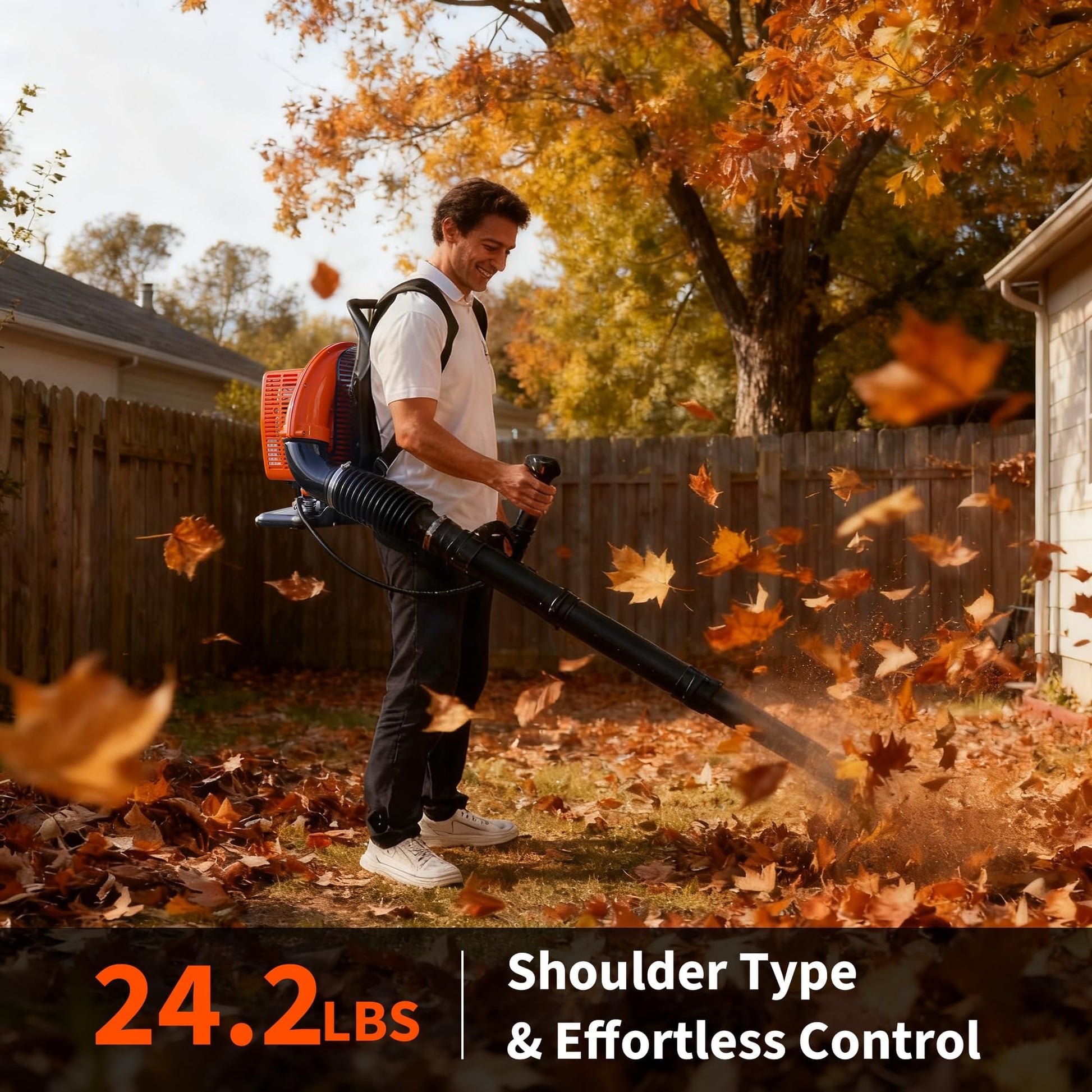 Garvee Souffleur de Feuilles à Dos 2 Temps 66 cm³, 4,0 CV, Débit d’Air 25 m³/min, Vitesse 515 km/h, Plastique, pour Jardiniers et Entreprises Paysagistes, Orange et Noir