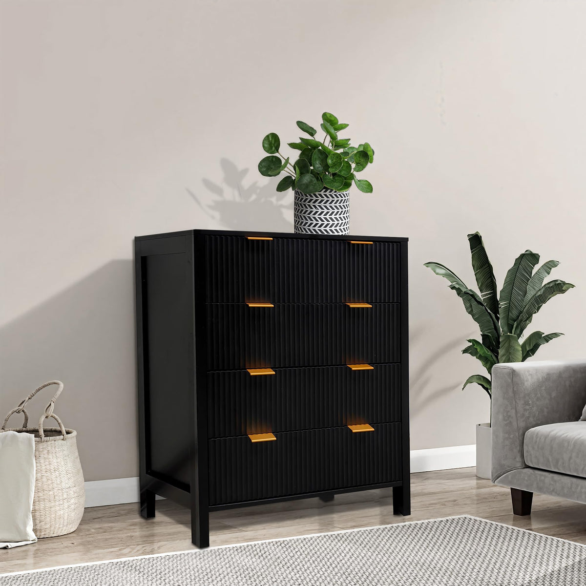 Garvee commode à 4 tiroirs, commode haute cannelée avec poignées en métal, noir, pour la chambre et le salon