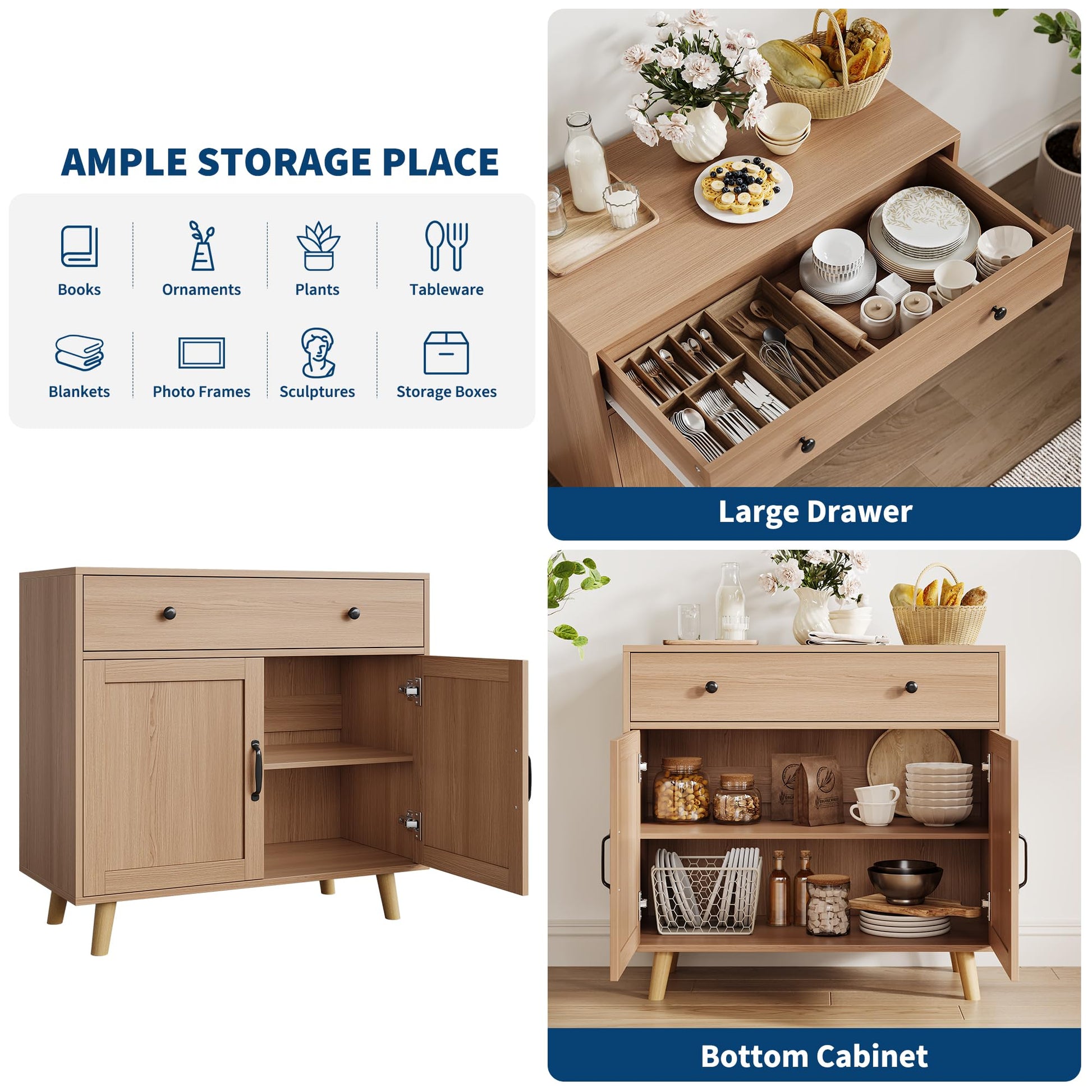 Buffet/meuble de rangement en bois Garvee, spacieux et résistant, design élégant, marron classique
