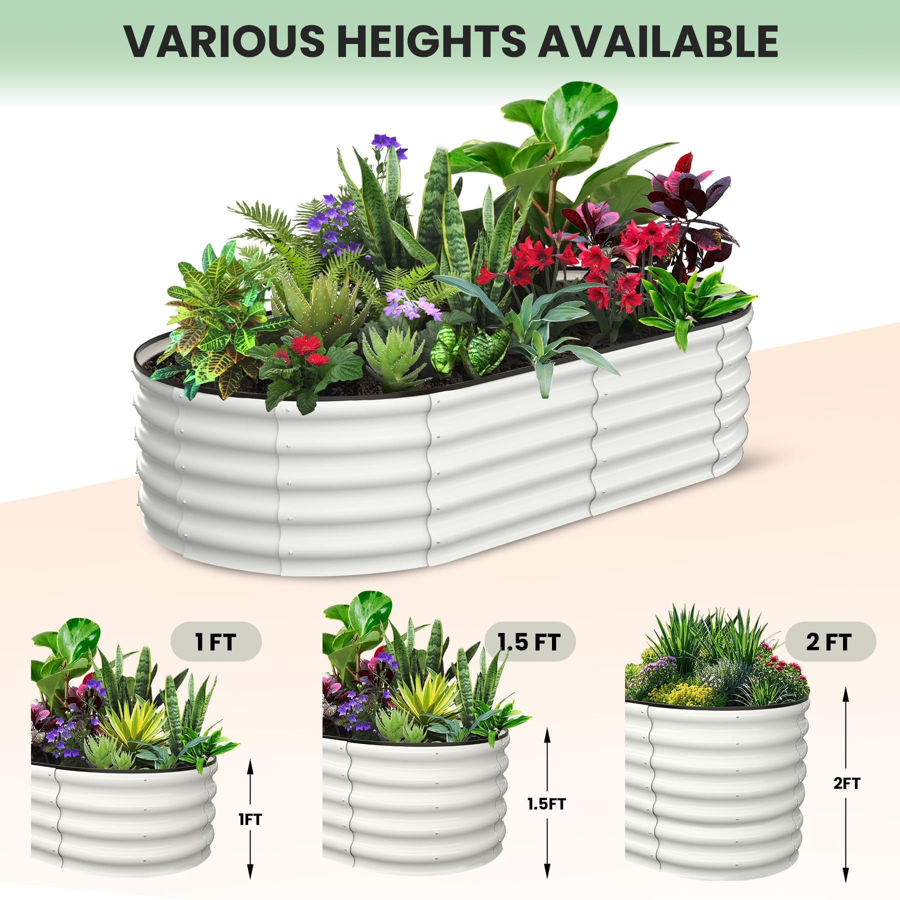 Garvee Lot de 2 Jardinières Surélevées Ovales 183 × 91 × 46 cm, Acier Galvanisé Blanc, Bacs Potagers Robustes pour Jardin, Terrasse et Patio