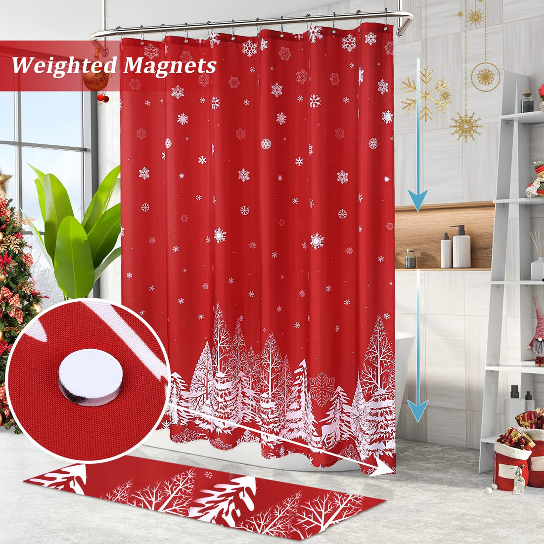 Garvee Rideau de douche motif Noël, 89 × 183 cm, polyester, imperméable, rouge
