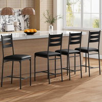 Ensemble de 4 tabourets de bar Garvee en bois avec revêtement Ecopelle, dossier et repose-pieds, pour la cuisine et le salon ; stables et confortables.