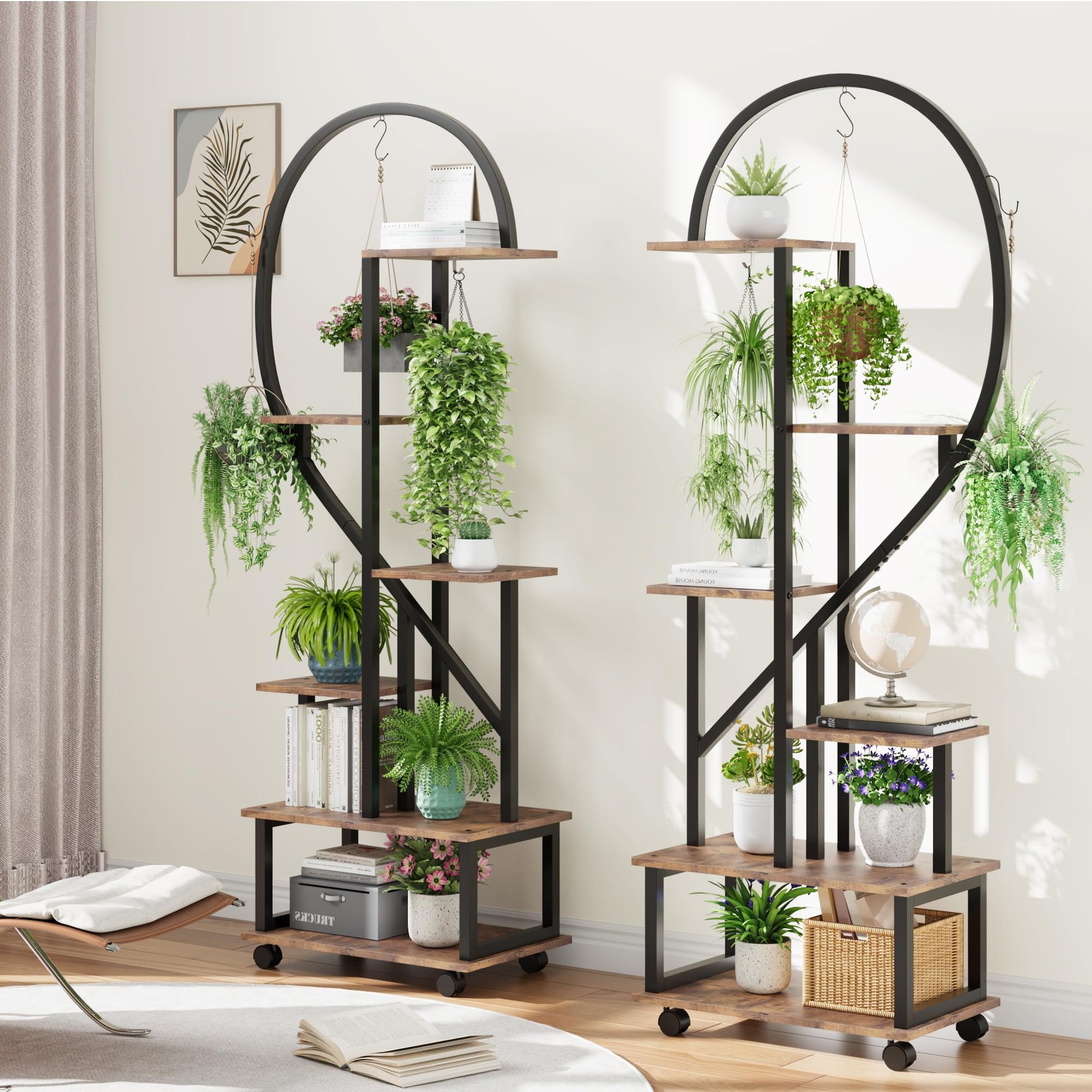 Ensemble Garvee de 2 supports à plantes en métal à 6 niveaux avec roulettes, design en demi-cœur, étagères en bois pour jardin et balcon, mobile, robuste, 173 cm (68 pouces), noir