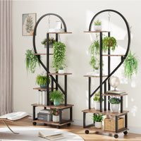 Ensemble Garvee de 2 supports à plantes en métal à 6 niveaux avec roulettes, design en demi-cœur, étagères en bois pour jardin et balcon, mobile, robuste, 173 cm (68 pouces), noir