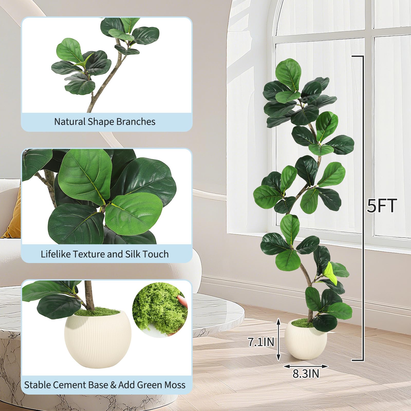 Garvee Ficus lyrata artificiel 152 cm en forme de S, pot blanc, feuilles en soie réalistes et branches ajustables, vert
