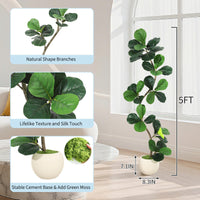 Garvee Ficus lyrata artificiel 152 cm en forme de S, pot blanc, feuilles en soie réalistes et branches ajustables, vert