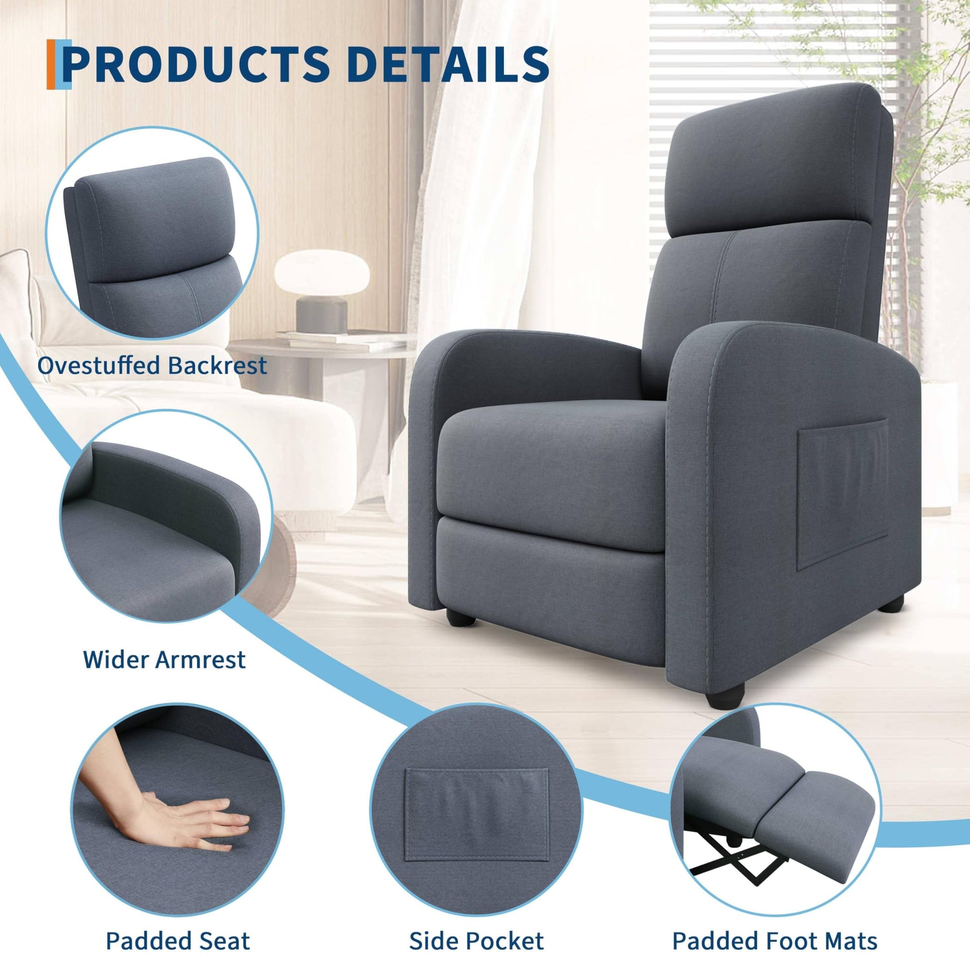Fauteuil inclinable Garvee pour adultes, ergonomique et réglable, siège confortable avec poche latérale, dossier haut, larges accoudoirs, canapé de salon