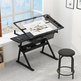 Garvee table à dessin avec tabouret, plateau verre inclinable 0–75°, hauteur 80–125.7 cm, acier, noire - Noir