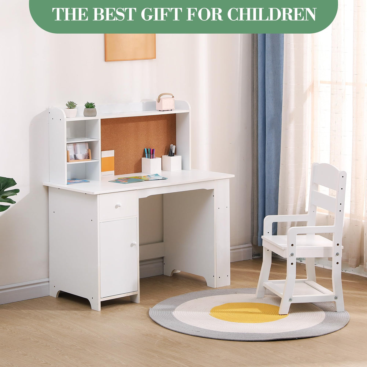 Ensemble bureau enfant Garvee avec étagère et tiroir pour garçons et filles de 3 à 8 ans, en bois rose, pour l'apprentissage et la salle de jeux.