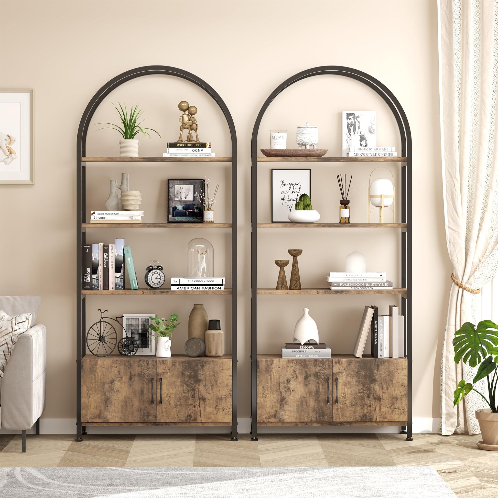 Étagère arquée à 4 niveaux Garvee avec portes, structure métallique industrielle, 182 cm (71,5 pouces), design ouvert, marron, idéale pour le salon et le bureau.