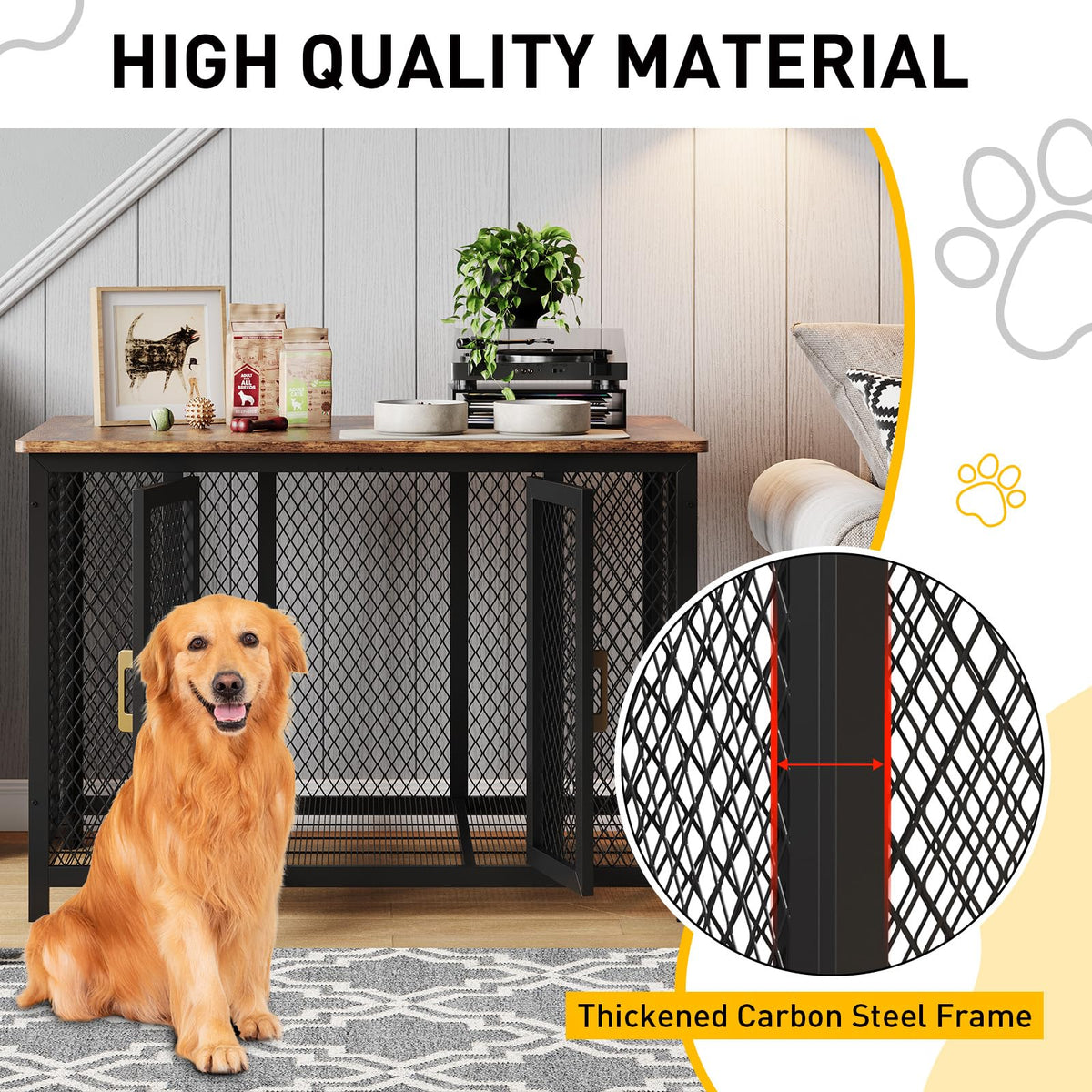 Garvee Cage pour chien 122 cm style meuble avec porte supérieure, structure robuste en bois et métal, design intérieur élégant, indestructible, adaptée aux chiens petits, moyens et grands.