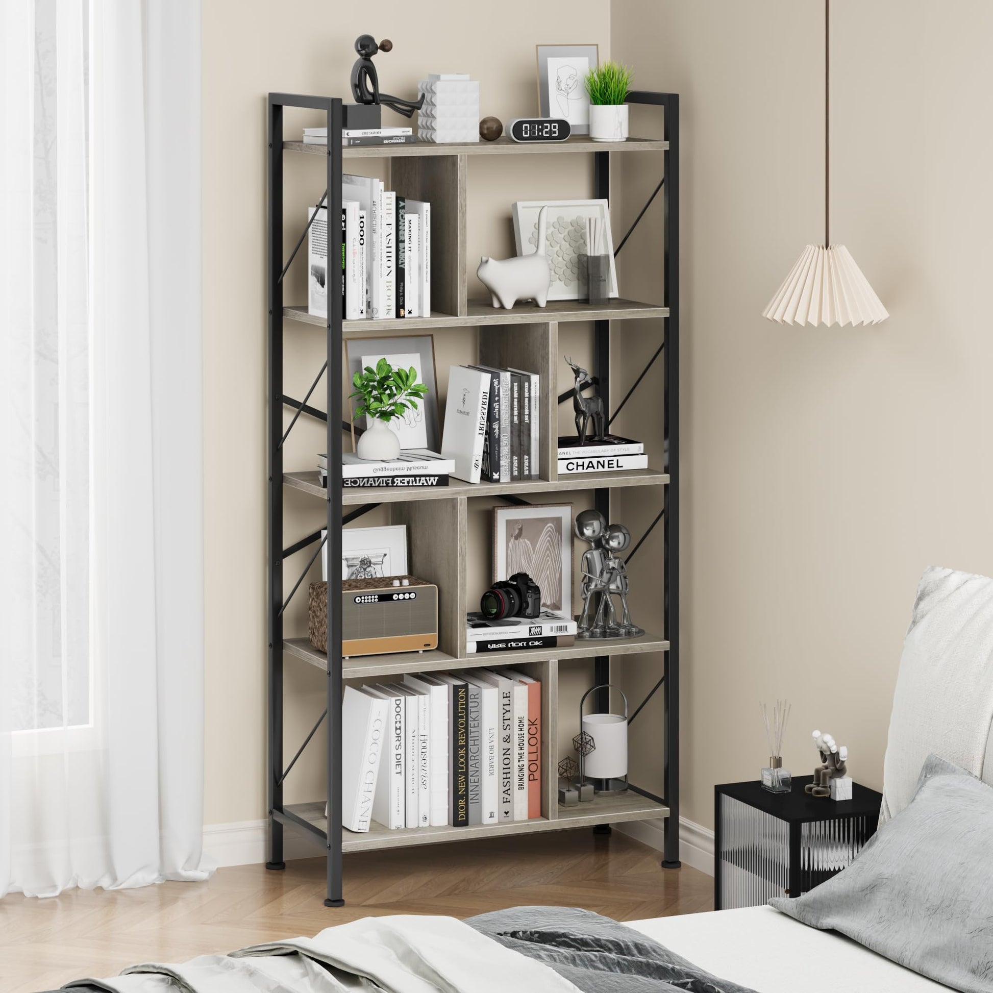 Garvee étagère industrielle haute à 5 niveaux avec rangement pour salon, bureau, chambre, en MDF et métal, robuste et anti-basculement