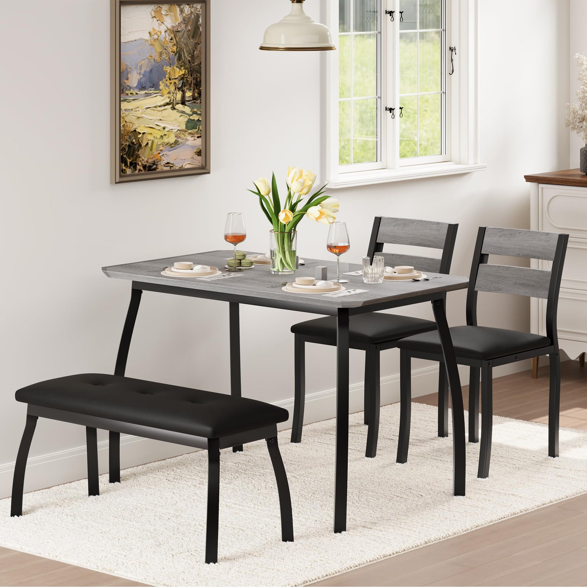 Ensemble de salle à manger Garvee pour 4 personnes, table robuste en bois avec pieds en métal, banc rembourré et 2 chaises, design moderne, gain de place, gris