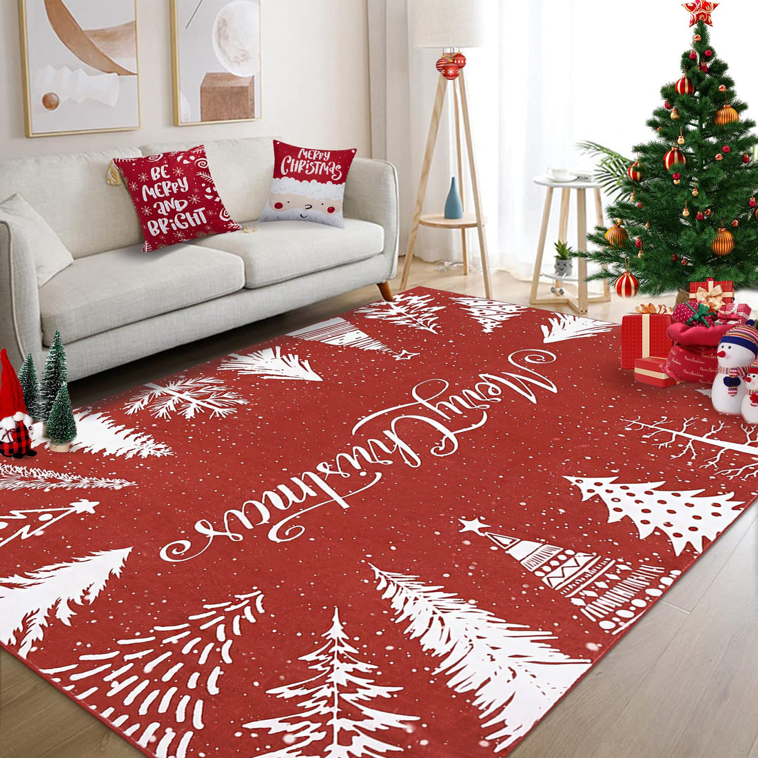 Tapis de Noël lavable Garvee, motif flocons de neige et sapin rouge, 120 x 170 cm, pour salon et chambre