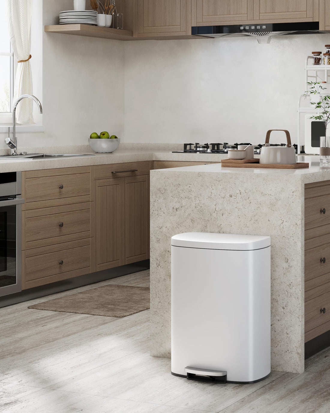 Poubelle de cuisine Garvee 50 L (13 gal) en métal avec couvercle, fermeture amortie, pédale, blanche, poignée ergonomique, compacte, idéale pour la cuisine et le bureau.