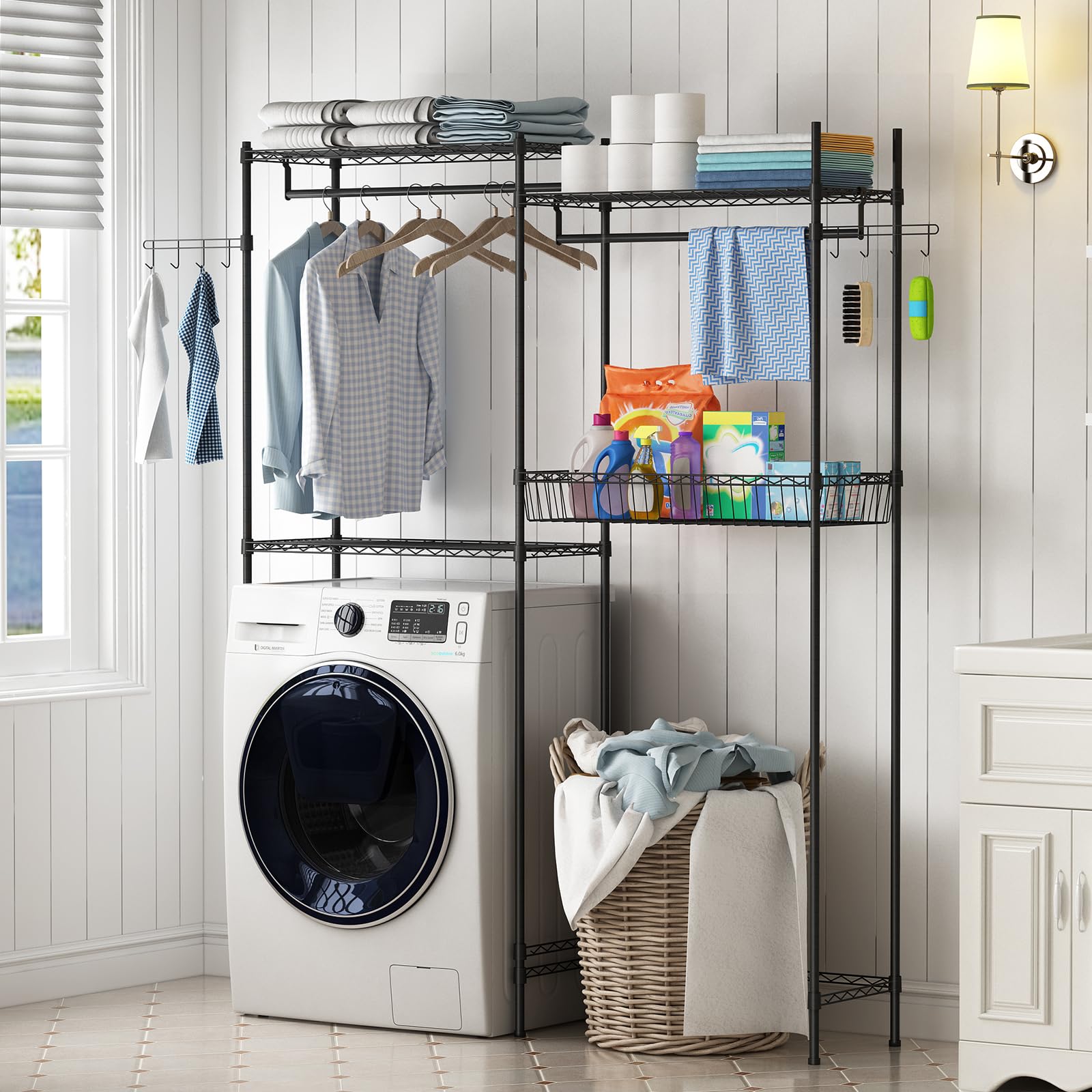 Étagère Garvee pour lave-linge et sèche-linge, réglable en hauteur, en acier noir avec panier à linge pour buanderie, largeur 146 cm (57,4 po)