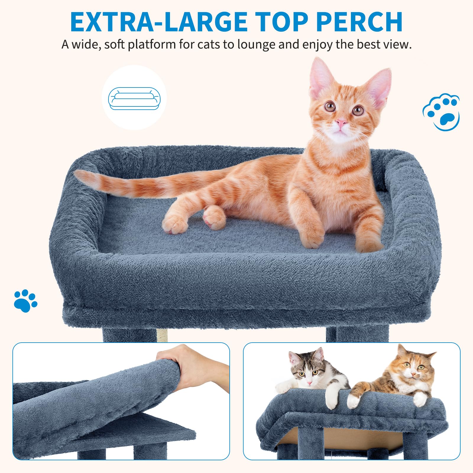 Garvee Arbre à Chat 155 cm Multi-Niveaux pour Grands Chats et Maine Coon, Grande Plateforme, 2 Niches, Sisal Naturel, Intérieur