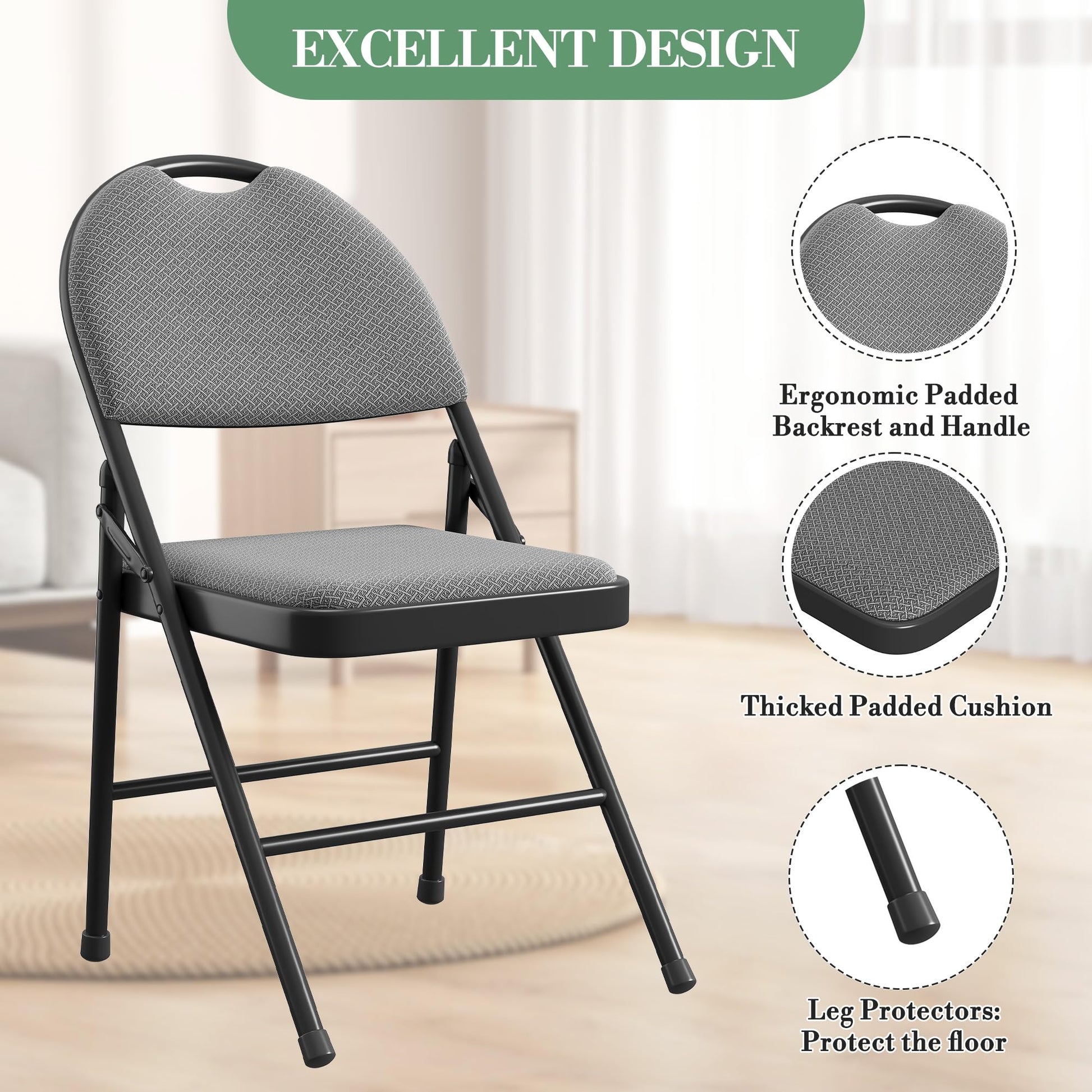 Ensemble de 2 chaises pliantes Garvee avec revêtement en cuir PU rembourré, structure en métal, ergonomiques, pliables, pieds antidérapants, grises, pour le bureau et l'extérieur