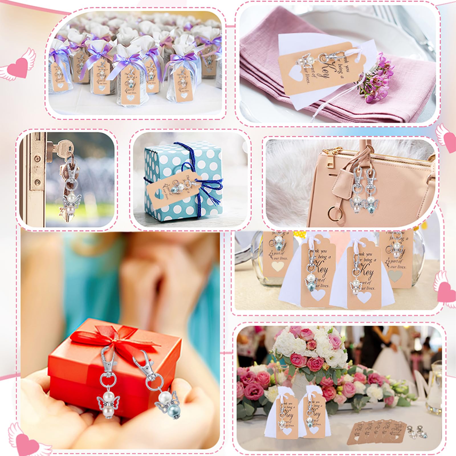 Garvee Lot de 20 porte-clés anges avec sachets en organza et cartes de remerciement, cadeau idéal pour baptême, naissance, mariage ou fête, argent.
