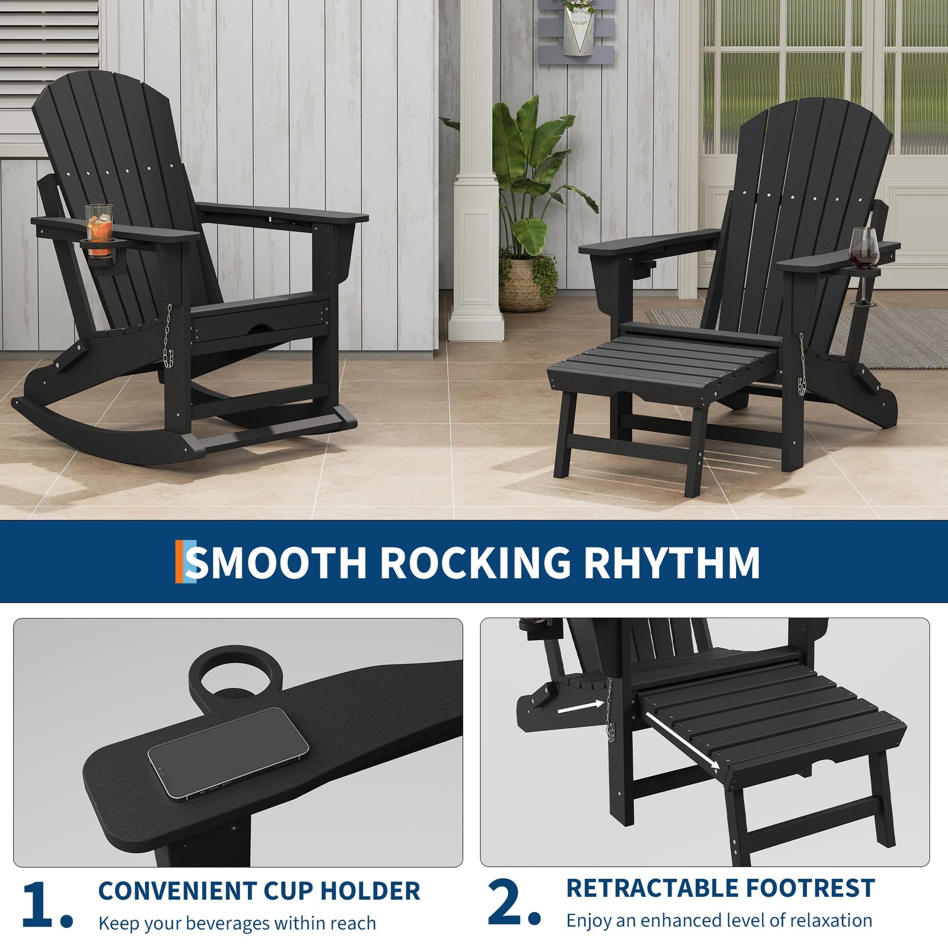Garvee Fauteuil Adirondack pliable 4 en 1 avec repose-pieds rétractable et porte-gobelet, HDPE résistant, base amovible, coloris naturel
