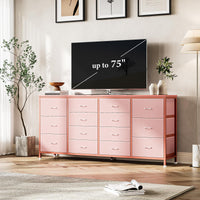 Garvee Meuble TV 63 po (160 cm) de large pour téléviseurs de 65 à 75 po (165 à 190 cm), 14 tiroirs, plateau en tissu et bois, protection anti-basculement, pour chambre et salon, durable et sûr