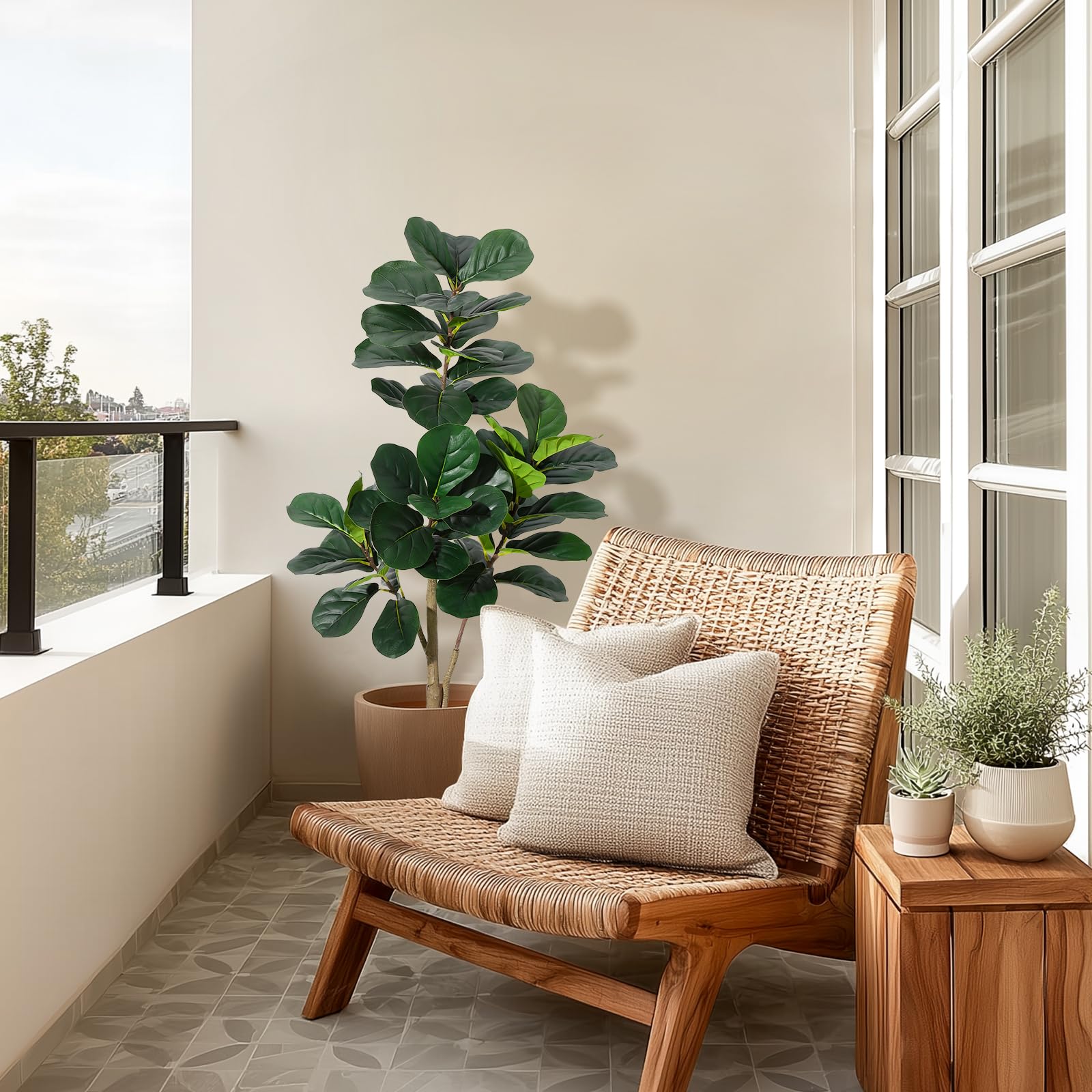 Ficus lyrata artificiel Garvee de 120 cm (4 pi) avec 48 feuilles, pot blanc de 20 cm (7,8 po), base en ciment robuste pour salon et bureau