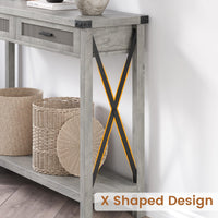 Console Garvee style ferme avec paniers en rotin, 109 cm, grise, idéale pour le salon et le couloir.