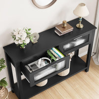 Garvee Console en MDF Noir avec 2 Tiroirs à Façades en Verre, L. 110 × P. 30 × H. 80 cm, Meuble de Rangement pour Salon et Entrée
