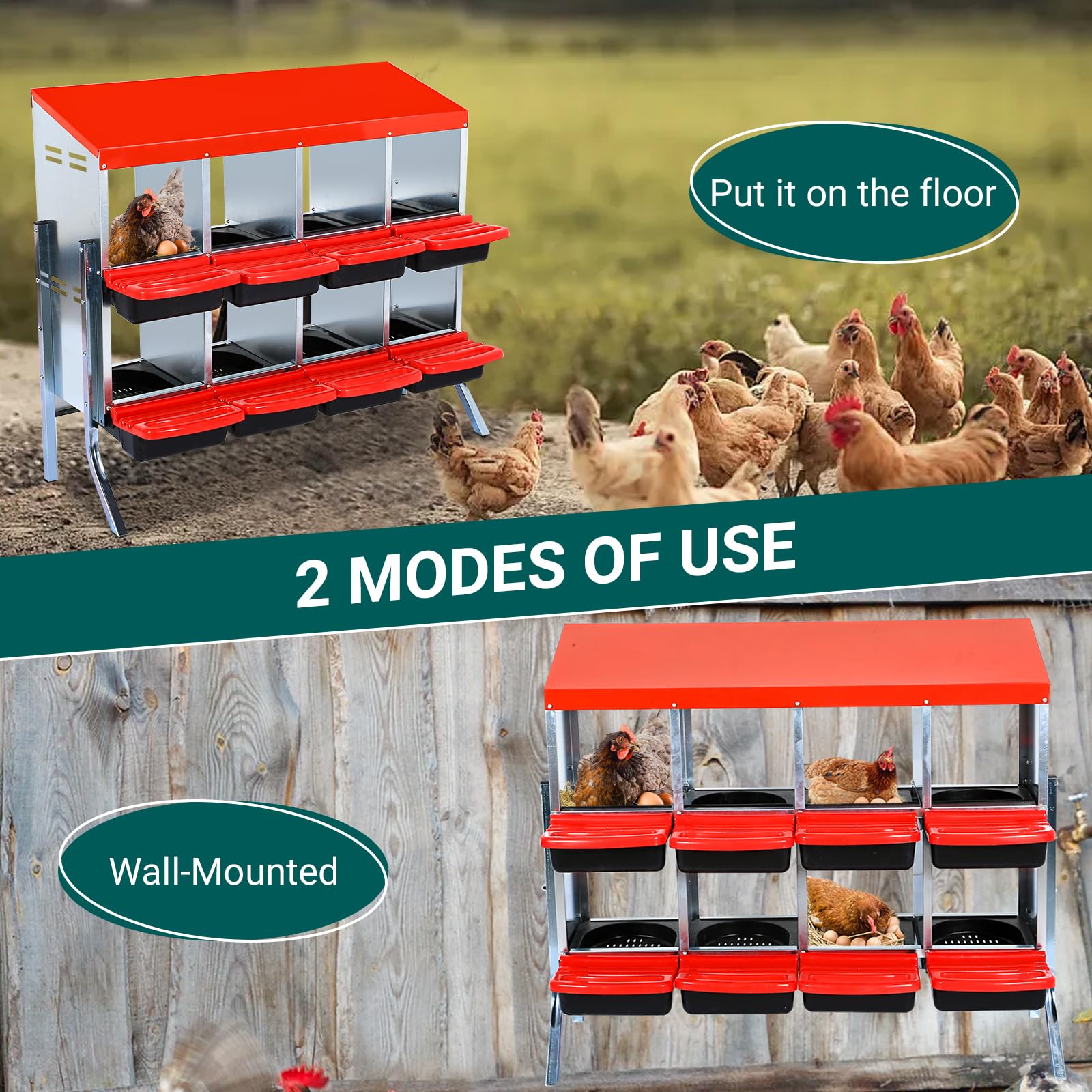 Garvee Pondoir pour Poules 6/8 Compartiments, Collecte Automatique des Œufs, Perchoir et Couvercle de Protection, Montage Mural ou Pose Libre