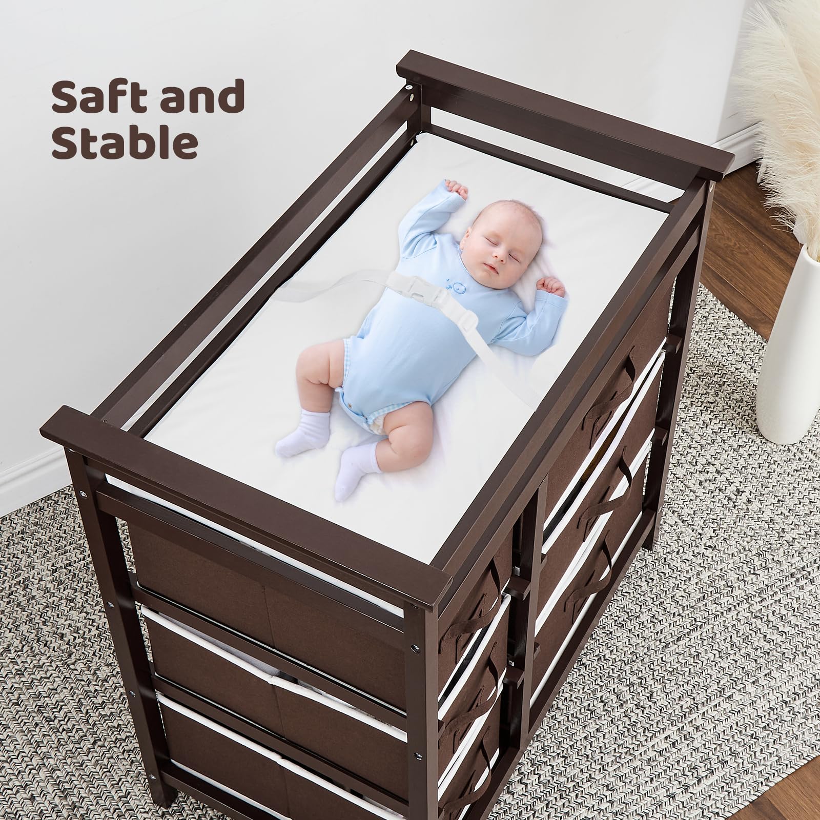 Table à langer Garvee pour bébé avec 6 tiroirs, barrières de sécurité, hauteur réglable pour nouveau-nés et nourrissons, bois, tapis imperméable, facile à nettoyer