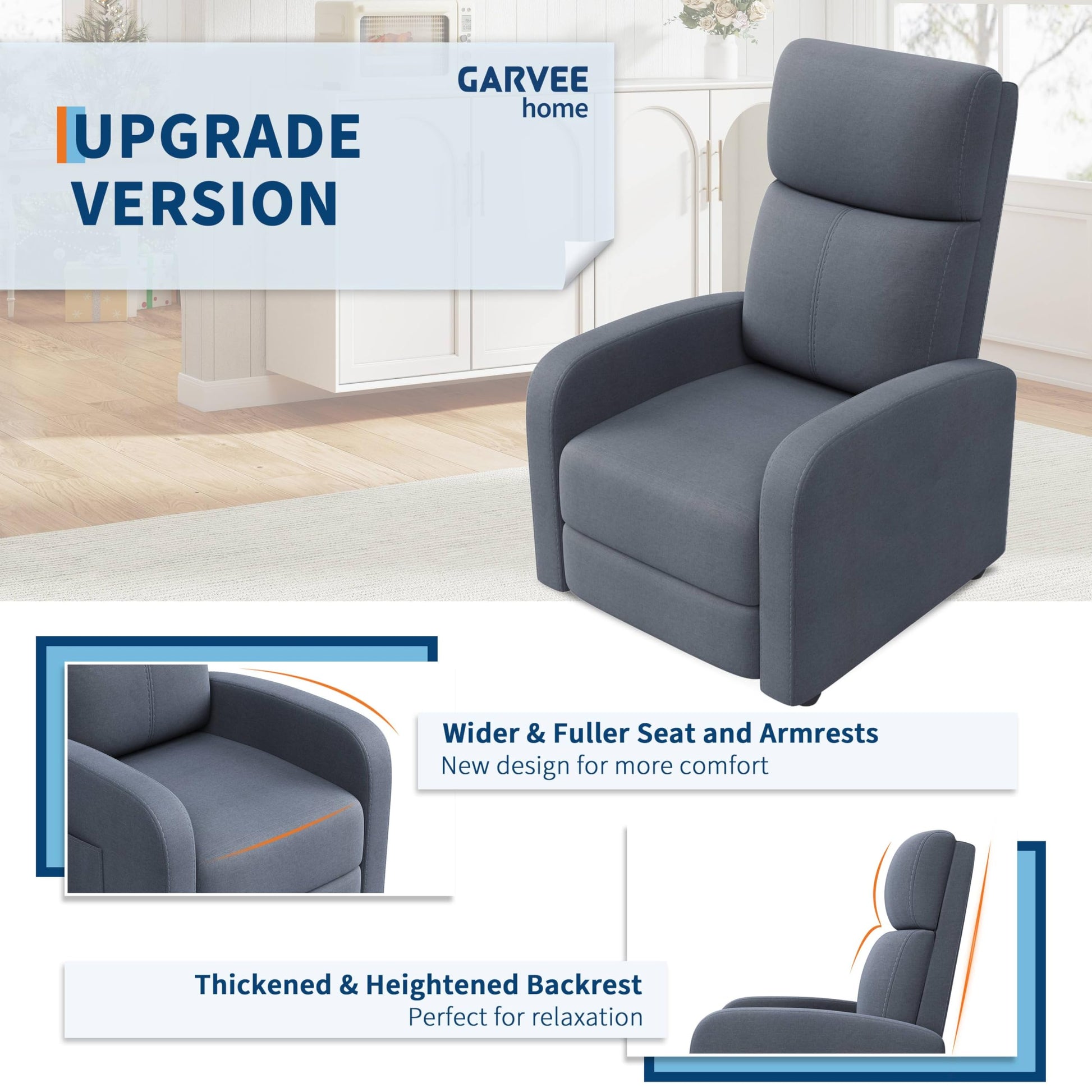 Fauteuil inclinable Garvee pour adultes, ergonomique et réglable, siège confortable avec poche latérale, dossier haut, larges accoudoirs, canapé de salon