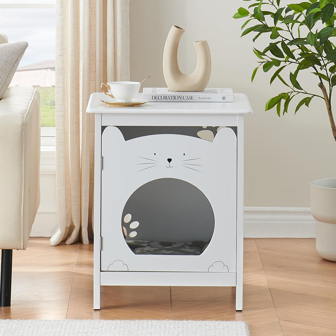 Bac à litière pour chat Garvee avec porte, ventilation, tapis moelleux, table d'appoint, meuble en bois, blanc, gain de place, idéal pour les chambres