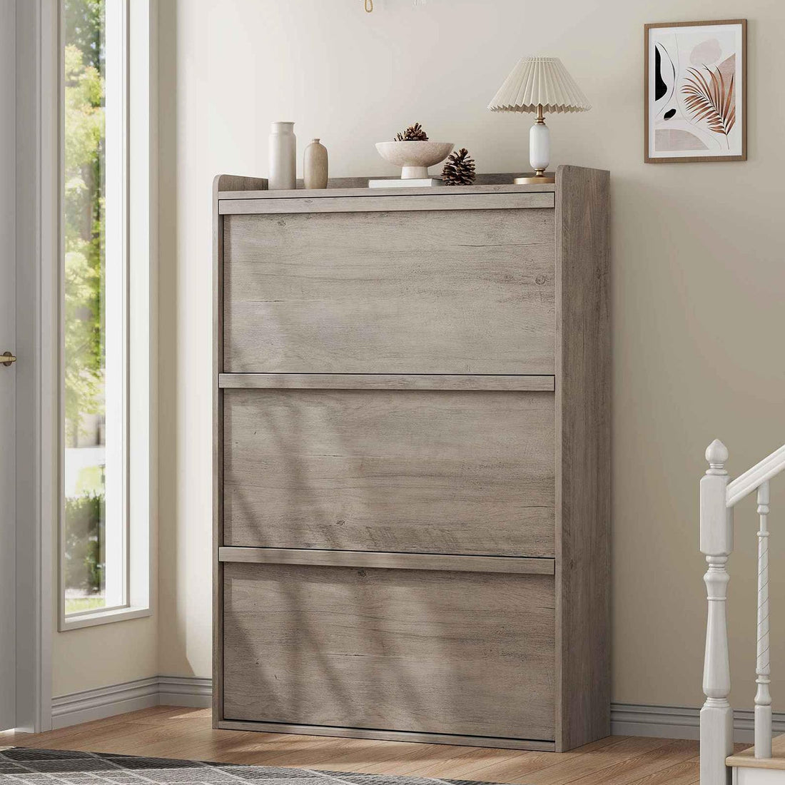 Garvee Meuble à chaussures 3 tiroirs abattants, MDF gris, 80,5×25,9×117,1cm, étagères réglables pour entrée et salon