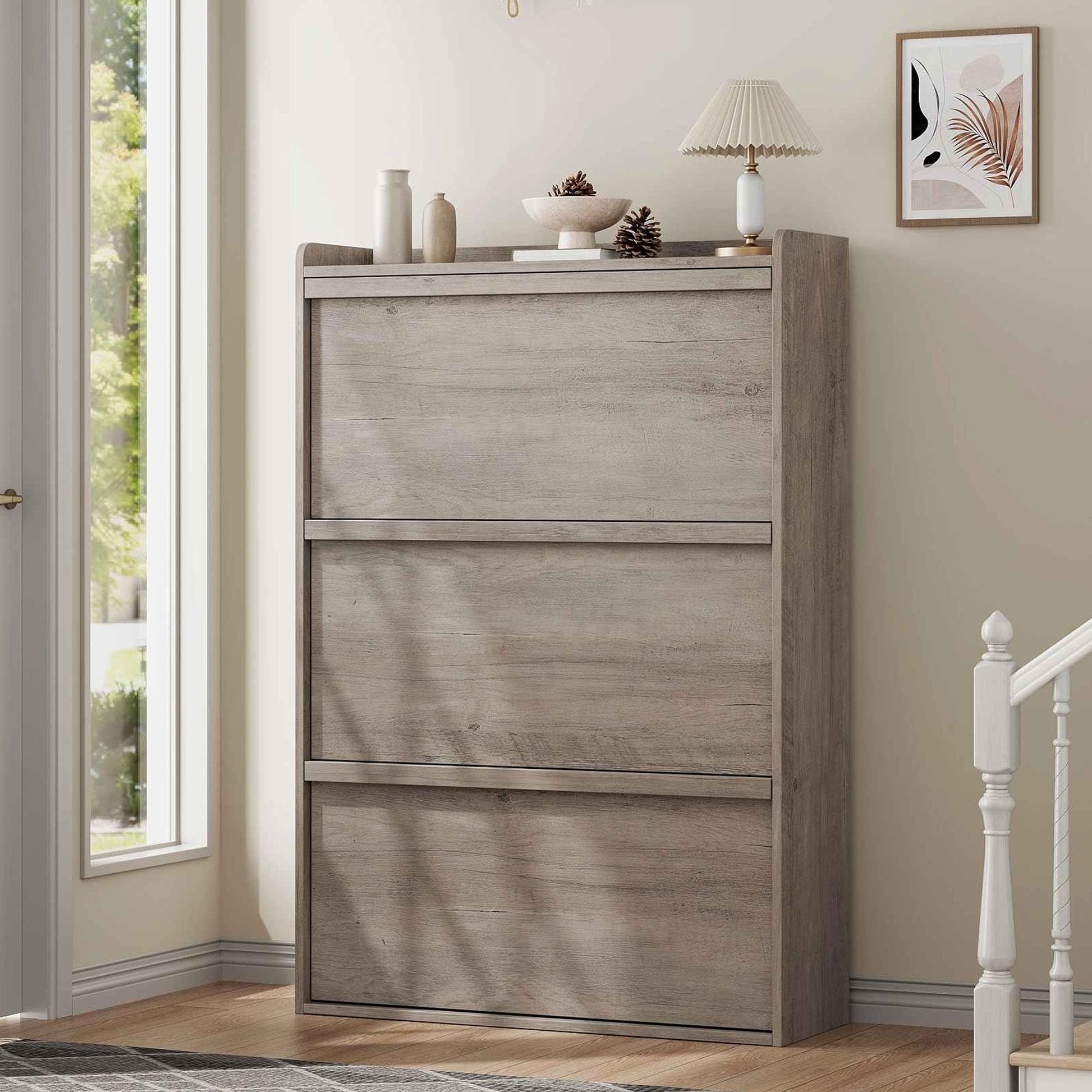 Meuble à chaussures Garvee avec 3 compartiments pliables, étagère réglable, bois MDF, pour entrée et salon, gris, gain de place, robuste