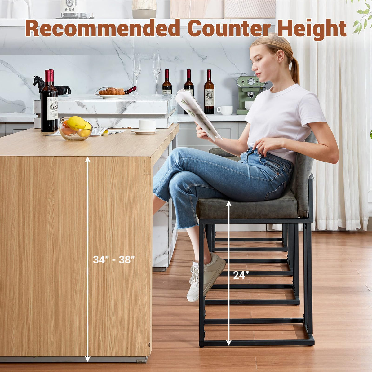 Ensemble de 2 tabourets de bar Garvee 24 po, cuir PU, ergonomiques et stables, structure en métal, repose-pieds, gris, pour îlot de cuisine et bar, hauteur 34-38 po