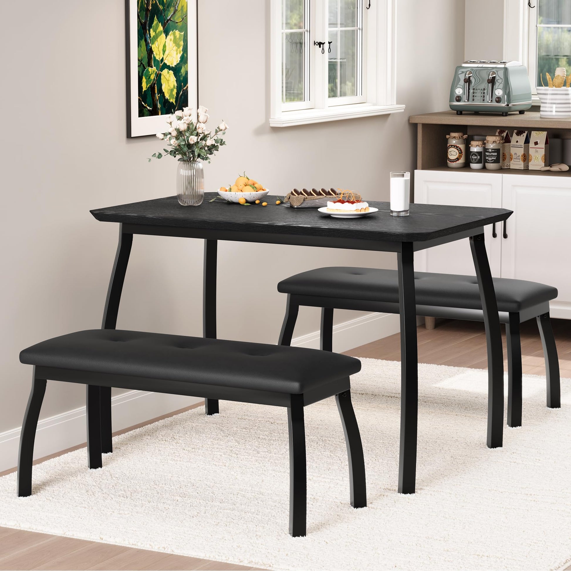 Ensemble de salle à manger rétro Garvee 3 pièces avec table d'angle et 2 bancs rembourrés, structure en métal, revêtement en cuir PU, gain de place, noir, idéal pour les petites pièces