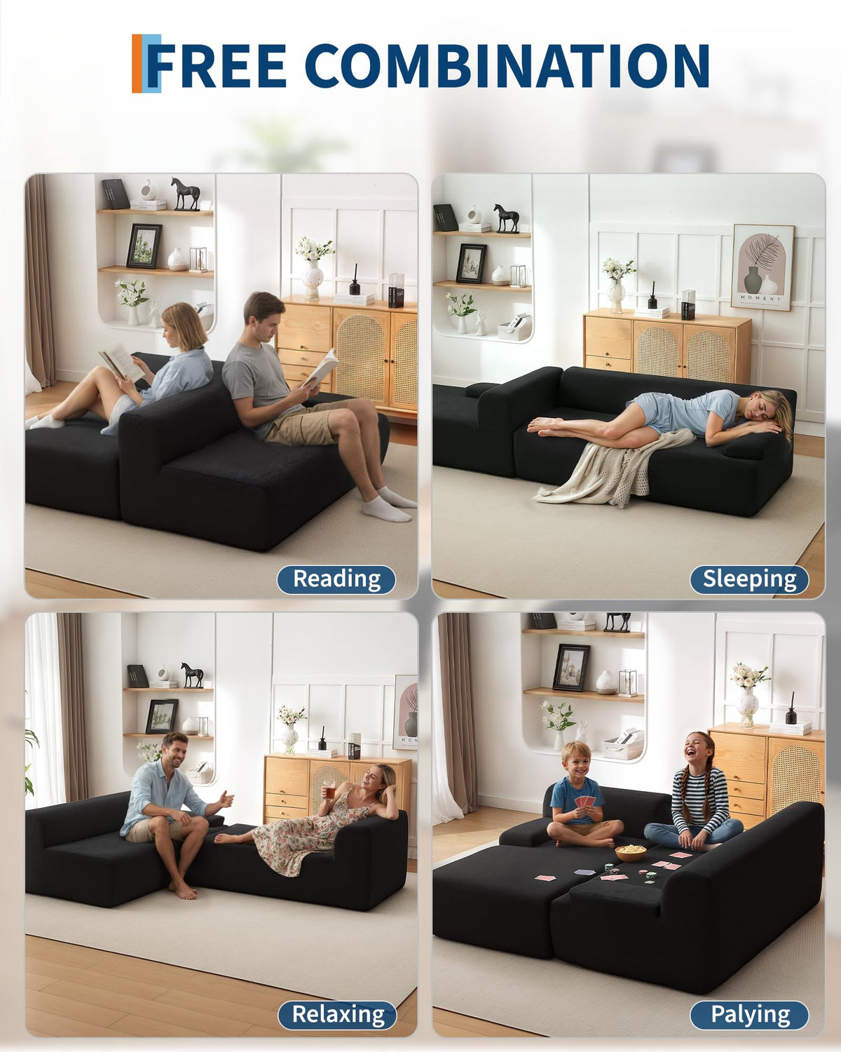 Canapé d'angle Garvee Cloud 108" avec méridienne - Canapé ultra moelleux sans dossier, velours côtelé ultra doux, canapé en L, confortable, noir, salon