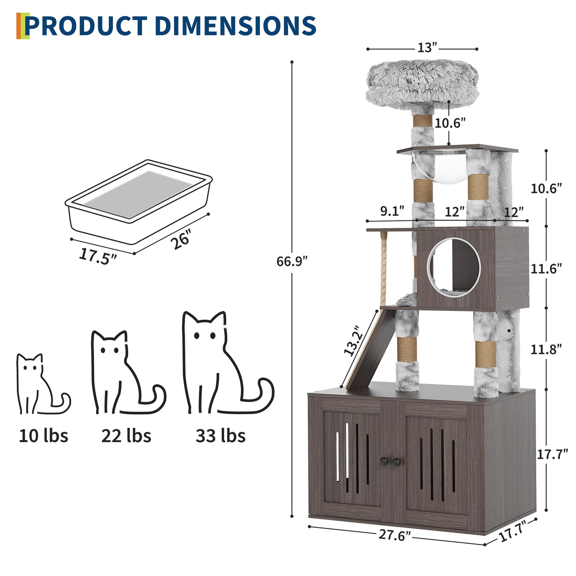 Arbre à chat Garvee 170 cm avec bac à litière et hamac, conception multi-niveaux, panneaux en bois haute densité, mobilier de salon moderne, coussins lavables, blanc