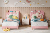 Garvee Lit Simple 2 Pcs Avec Tête De Lit Bibliothèque Velours Rose Cadre Métal Lattes Bois 295kg Pour Chambre Enfant Fille