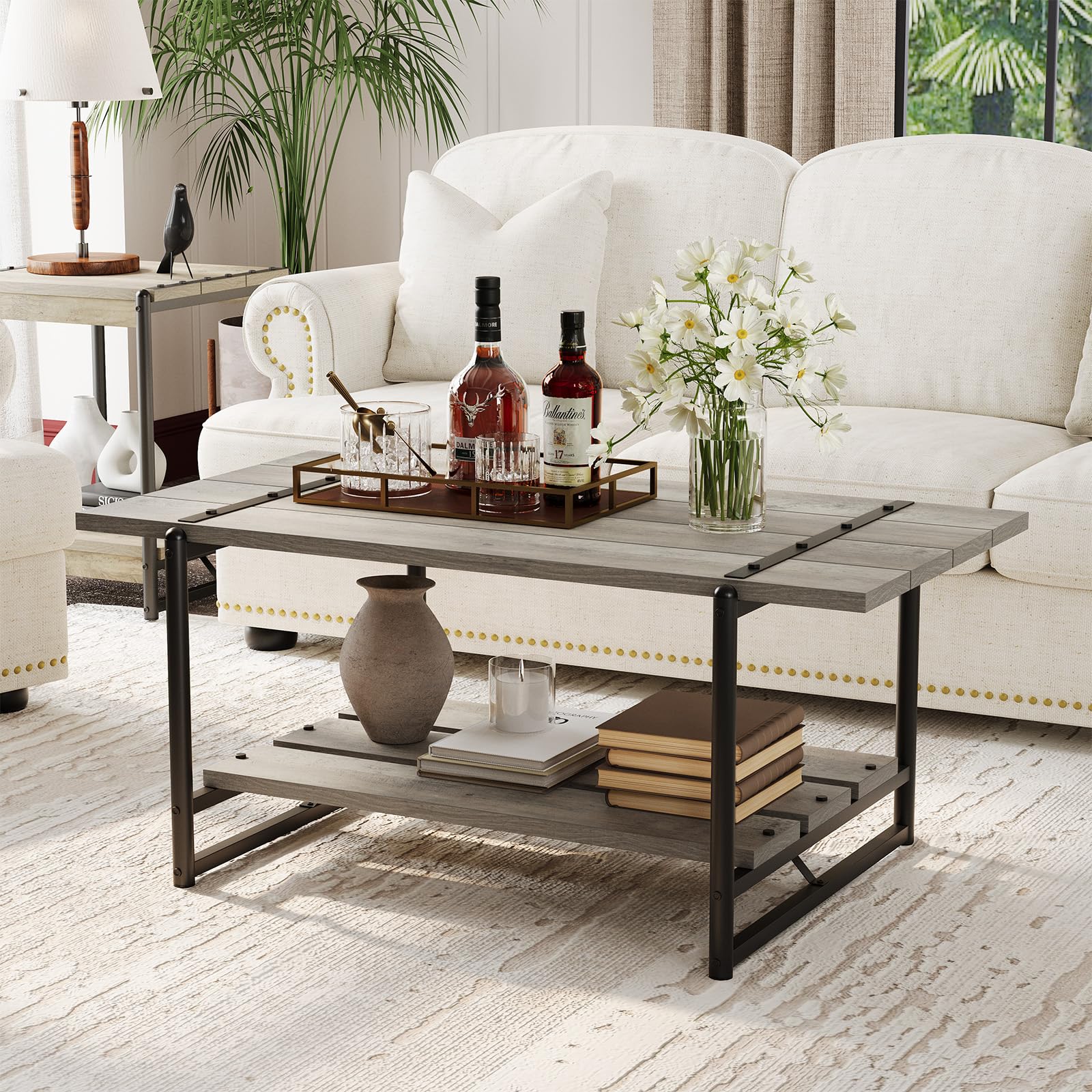 Garvee table basse de ferme à 2 niveaux 41'' en bois gris avec rangement et structure en métal pour le salon et le bureau, style rustique-moderne