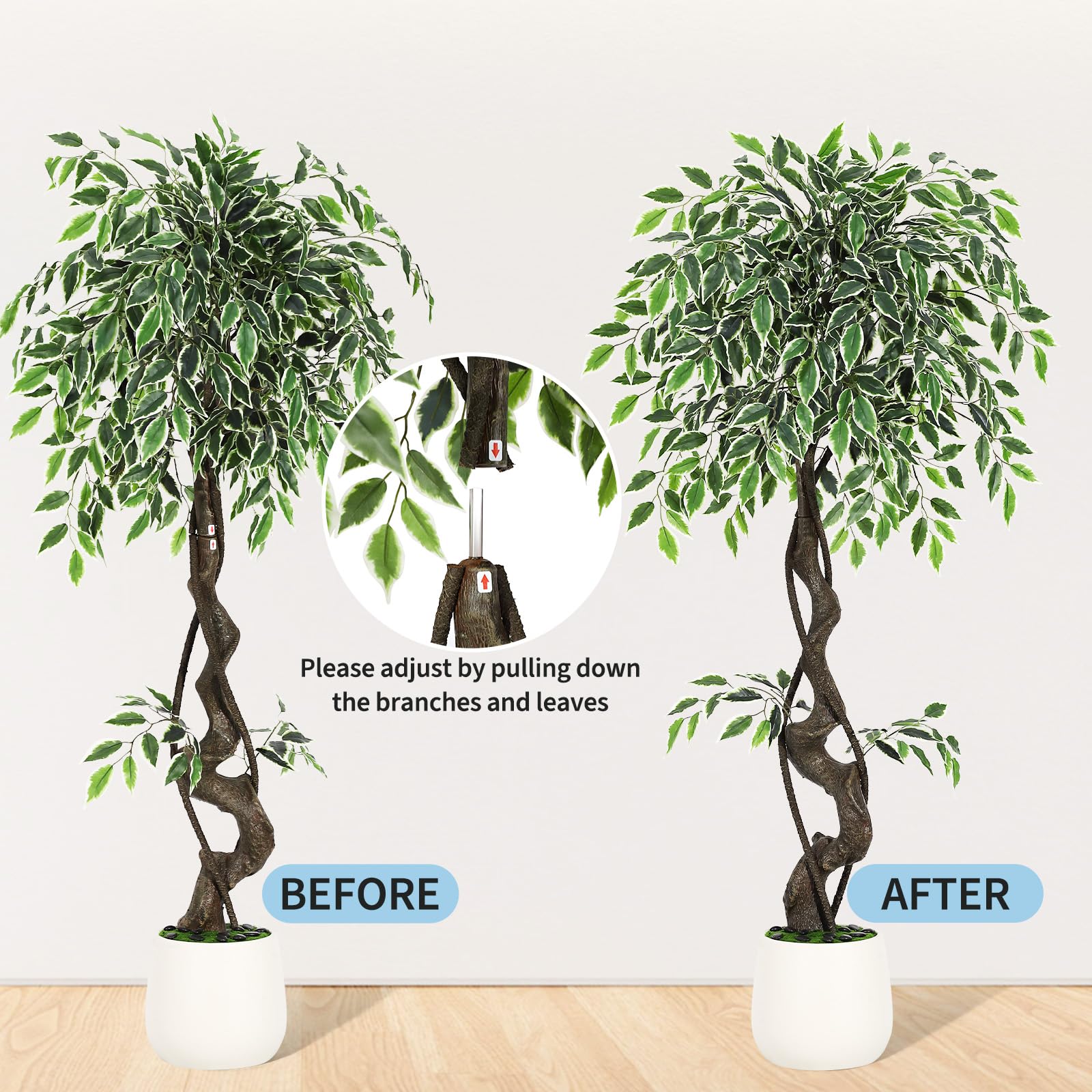 Garvee Ficus artificiel panaché blanc 120 cm en PE durable, plante décorative réaliste pour intérieur et extérieur