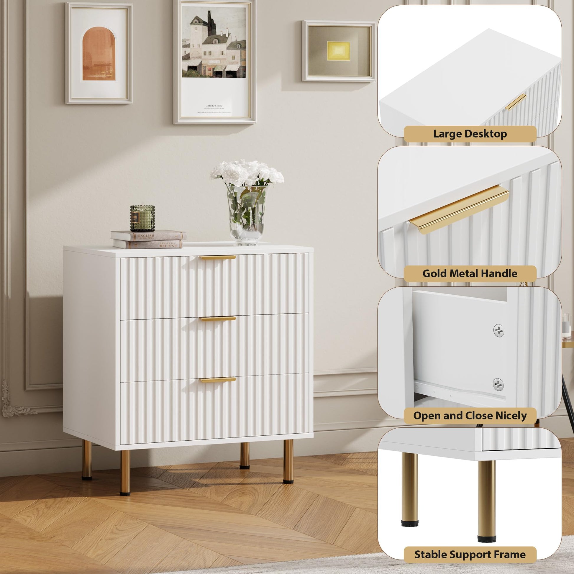 Commode Garvee blanche à 3 tiroirs, MDF moderne cannelé, résistant à l'eau, pour salon, chambre, chambre d'enfant