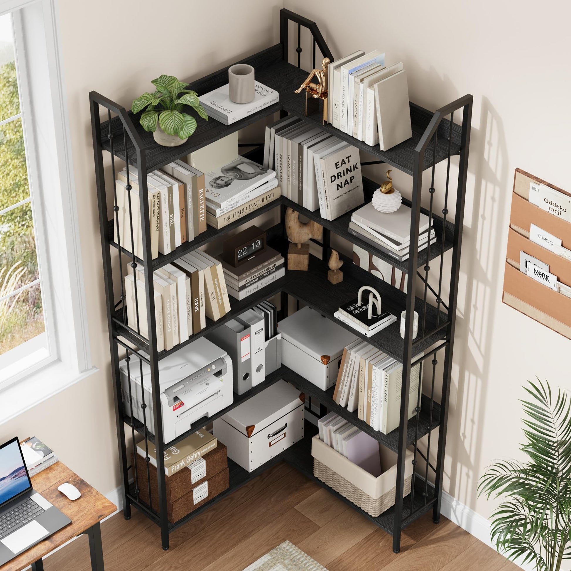 Étagère d'angle Garvee 183 cm (72 po) en forme de L, style industriel, en métal et MDF, pour salon et chambre, robuste, anti-basculement, 5 niveaux, noire