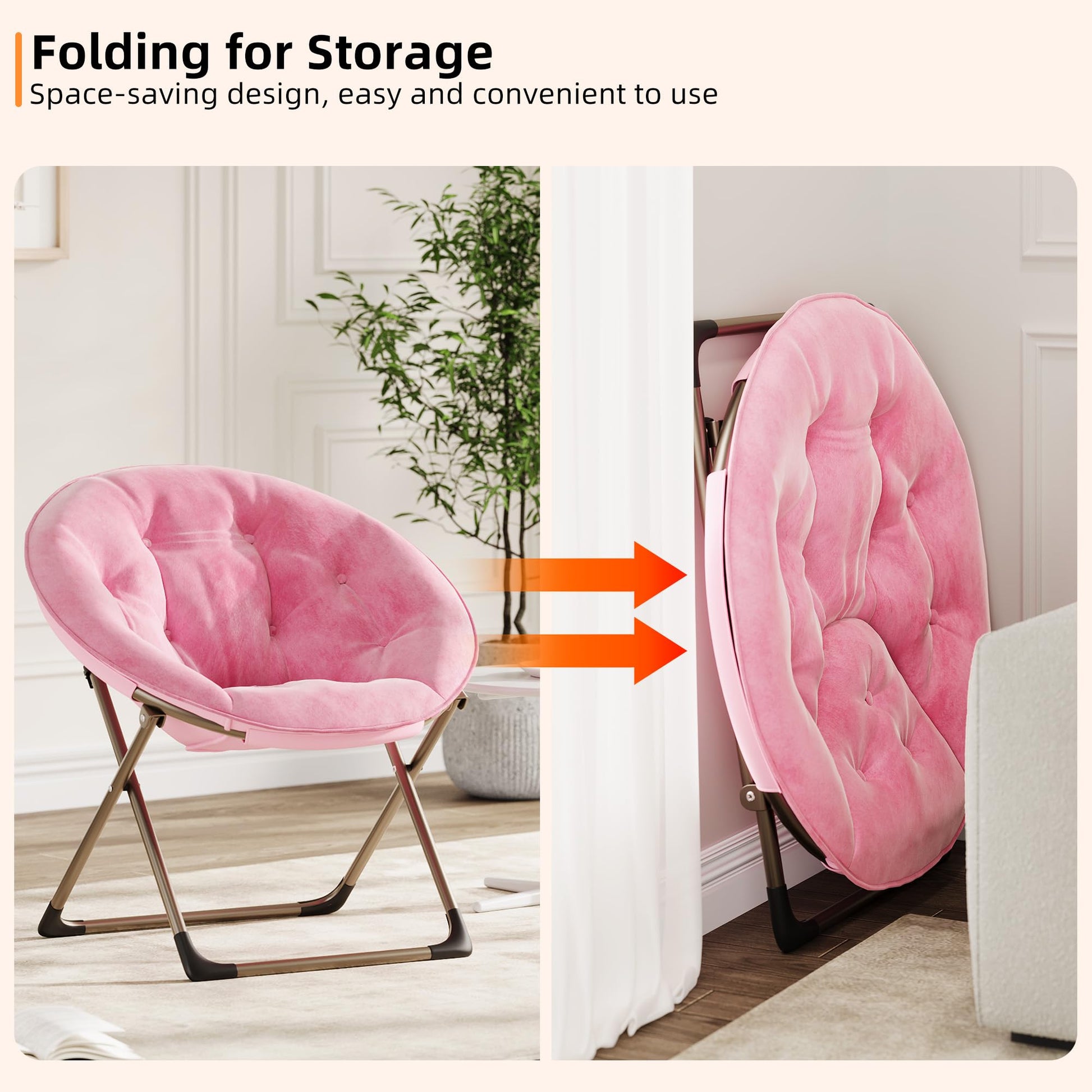 Fauteuil rond Garvee en fausse fourrure, style lune, avec structure métallique pliable, idéal pour la chambre et le salon. Assise surdimensionnée en peluche à motifs floraux. Robuste, léger et confortable.