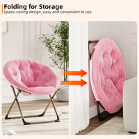 Fauteuil rond Garvee en fausse fourrure, style lune, avec structure métallique pliable, idéal pour la chambre et le salon. Assise surdimensionnée en peluche à motifs floraux. Robuste, léger et confortable.